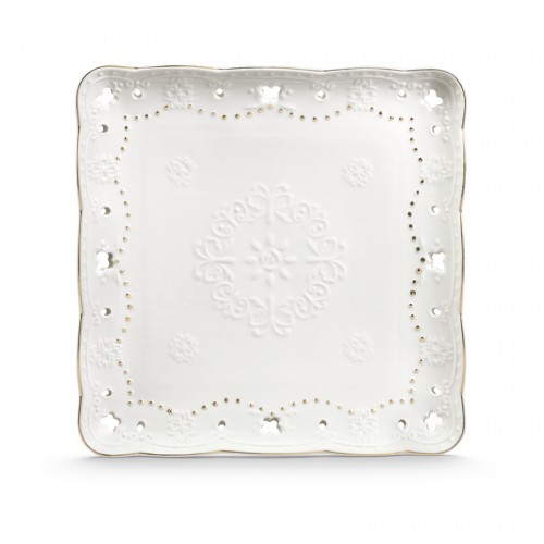 Piatto Quadrato 25,5x25,5 cm Traforato in Porcellana Charme Filo Oro Piatto Quadrato 25,5x25,5 cm Traforato in Porcellana Charme Filo Oro